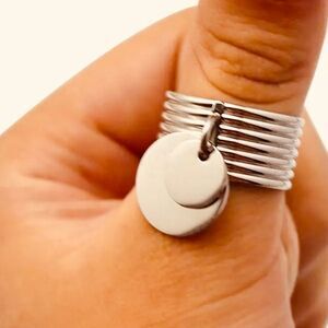 Silver Dual Dangling Coins Charms Grooved Wide Band Ring NEW